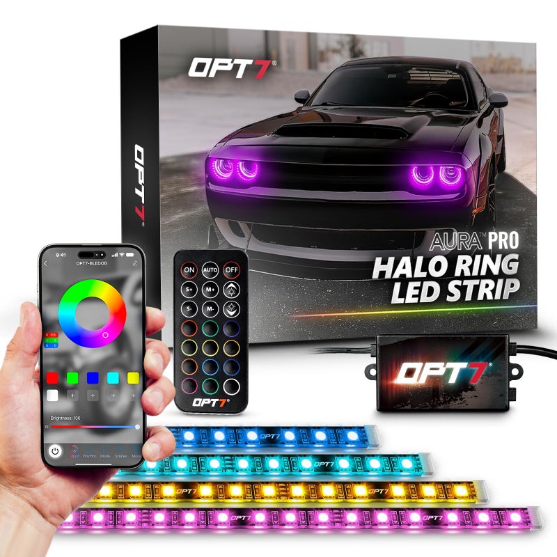 OPT7 Aura Pro Halo Lights DRL for 2008-2023 Dodge Challenger with App & Remote Control, Multi-Color Mode, Demon Eye, Angel Eye, Headlight Accessories, Easy Installation - Image 1
